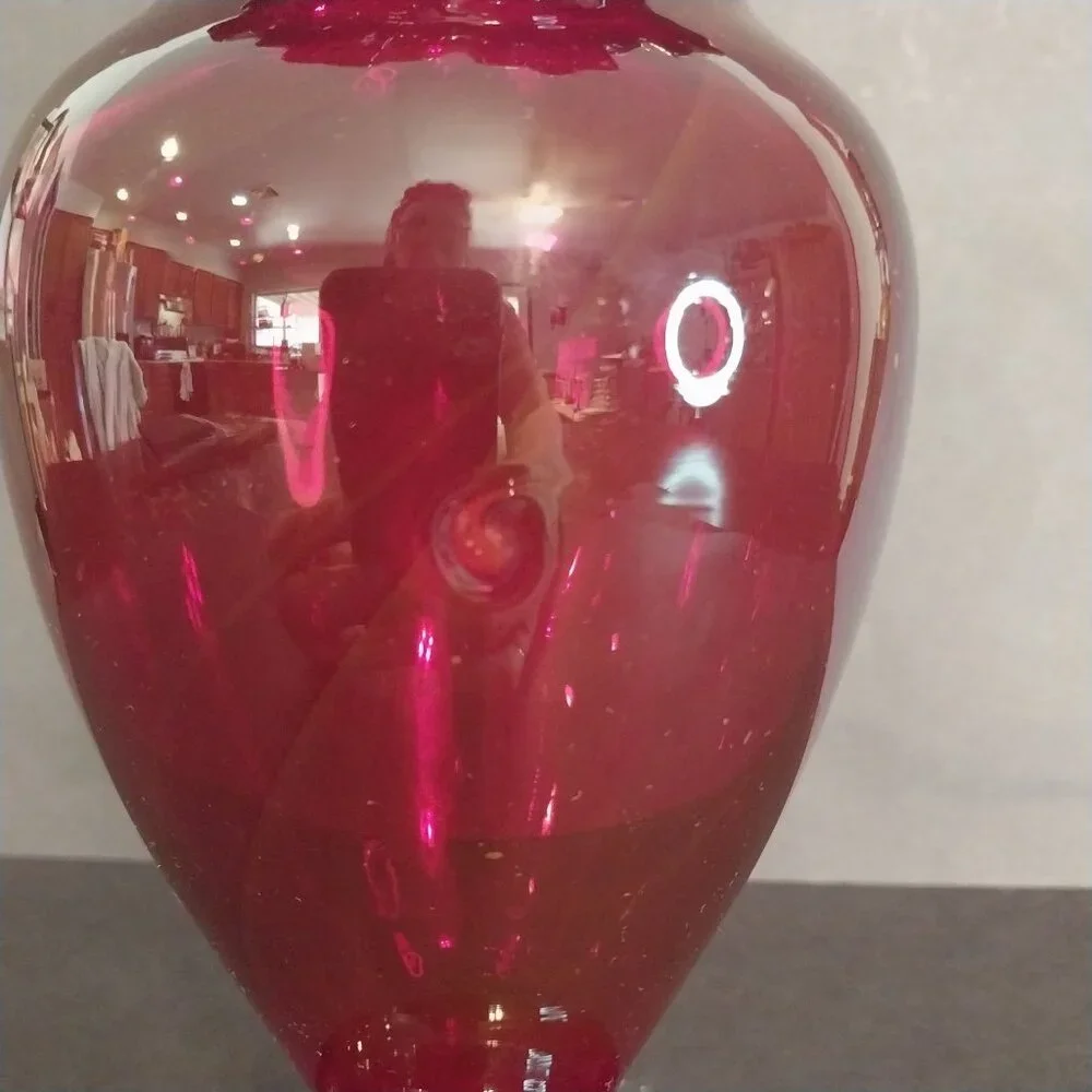 Ruby Red Amberina Glass Vase GLOWS Antique Vintage Ruffled Top